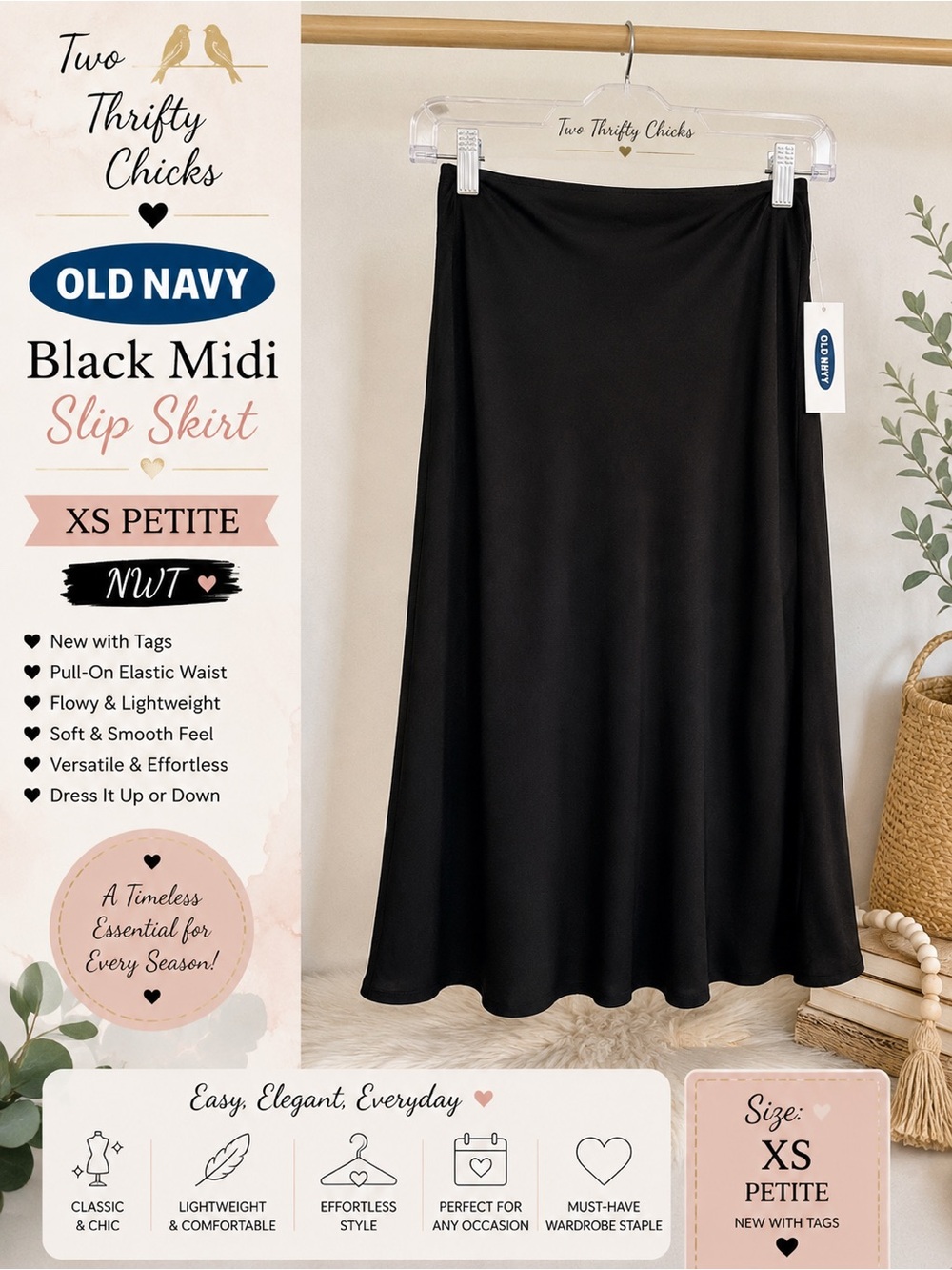 Old Navy Black Midi Slip Skirt - XS Petite - NWT